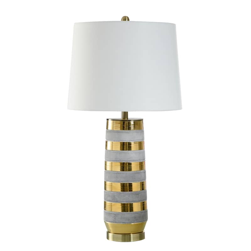 Sundisk Gold Table Lamp - Ceramic Polished Gold Striped Body - White Shade - Polished Gold, Grey Brushed, Brushed Brass, White