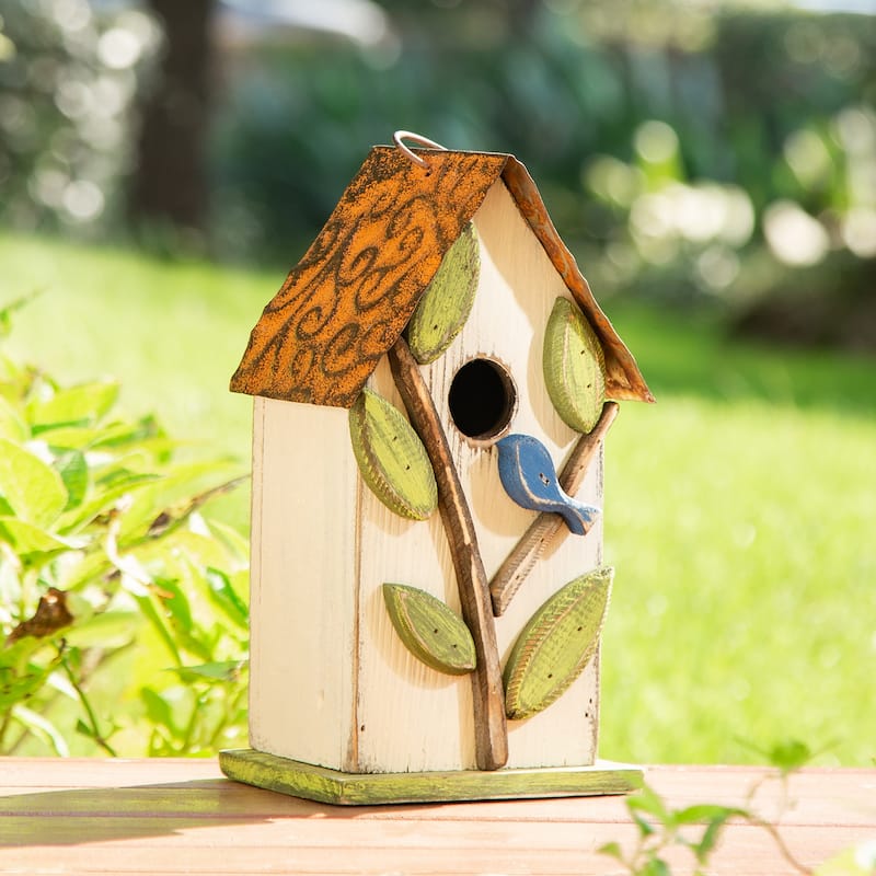 Glitzhome 10"H Multicolor Cute Distressed Solid Wood Birdhouse with 3D Flowers