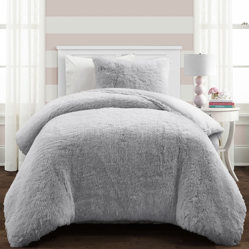 Lush Decor Emma Faux Fur Comforter Set - Light Gray - Twin XL