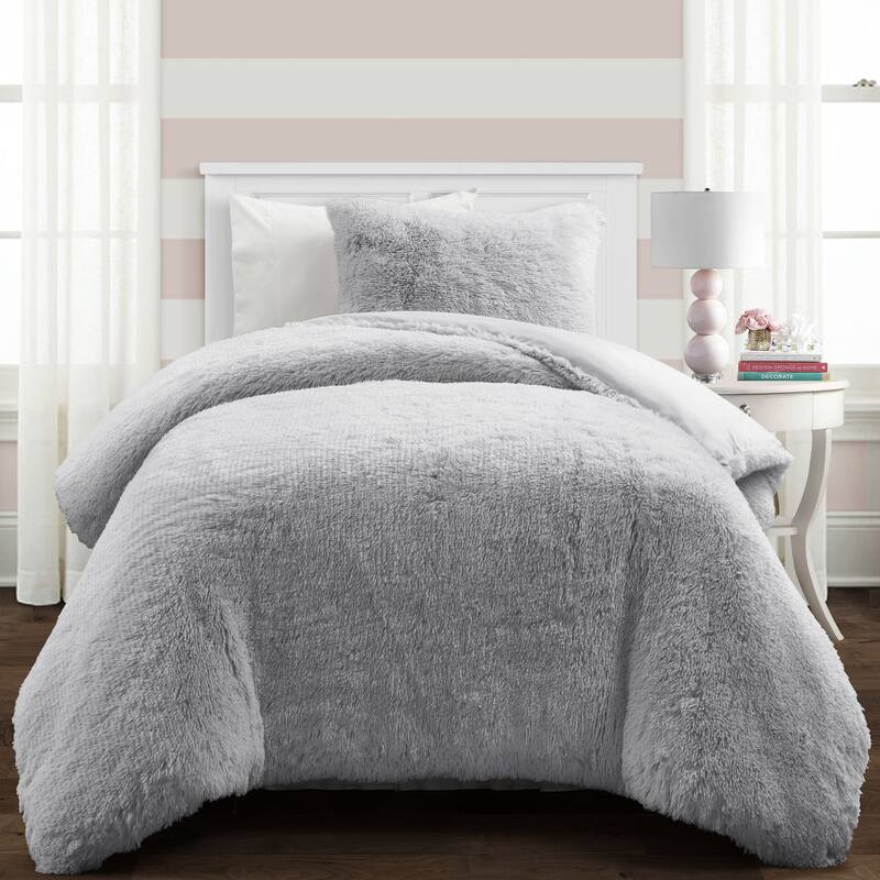 Lush Decor Emma Faux Fur Comforter Set - Light Gray - Twin - Twin XL