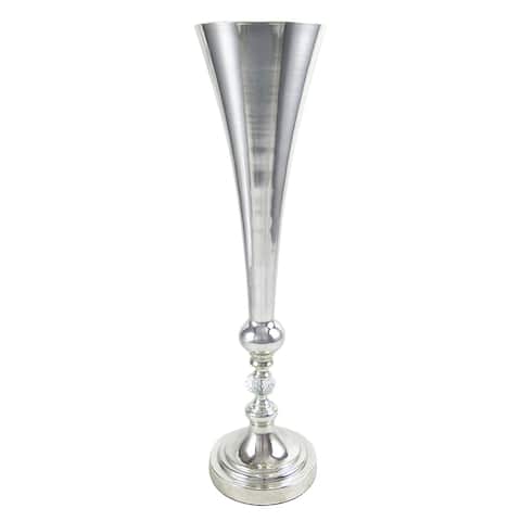 Silver Luxury Metal Flute Trumpet Crystal Gem Flower Vase Decorative Centerpiece 23in