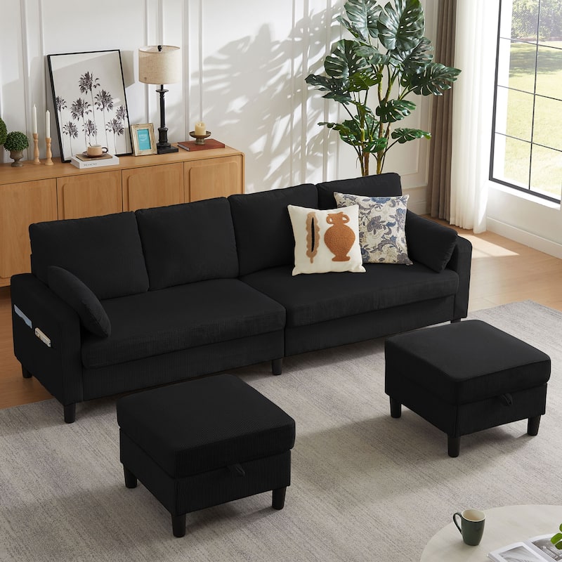 101'' Corduroy Upholstered Sectional Sofa With Storage Ottoman