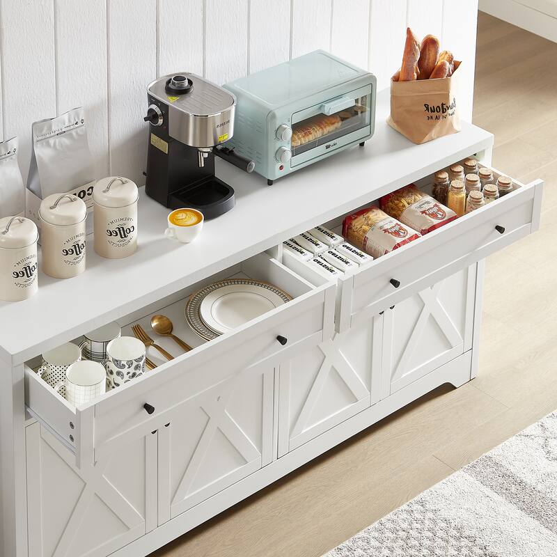 Sideboard Buffet Cabinets with 4 Door, Kitchen Storage Cabinets, Wood Coffee Bar Tables w/ Shelf, Accent Console for Living Room