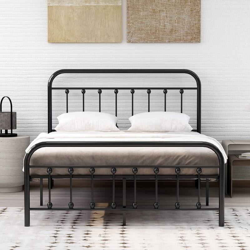 NNV Platform Metal Bed Frame with Victorian Style Iron-Art Headboard
