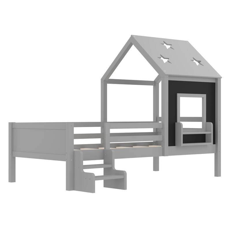 Low Profile Stairs Platform Bed Wood House Bed with Cute Star-shape Roof, Window, Bookcase and Blackboard for Boys and Girls