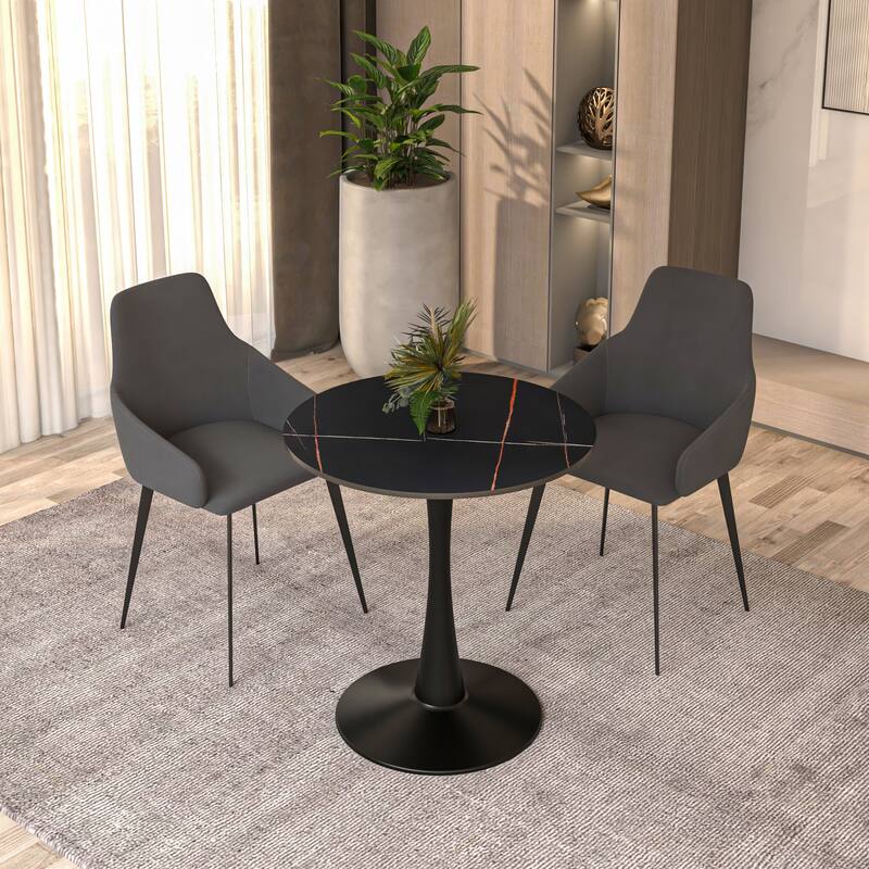 Bristol 27" Round Minimalist Dining Table Sintered Stone Top & Black Iron Pedestal Base for Kitchen & Dining Room