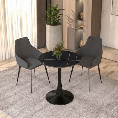 Bristol 24" Round Minimalist Dining Table for 4, Sintered Stone Top & Black Iron Pedestal Base for Kitchen & Dining Room