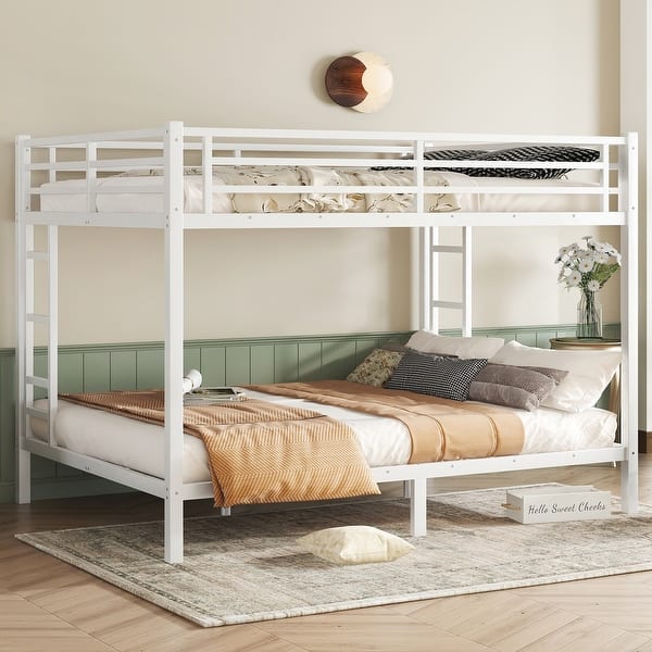 slide 2 of 11, Metal Queen Over Queen Bunk Bed for Teens and Adults Space-Saving No Box Spring White White - Queen