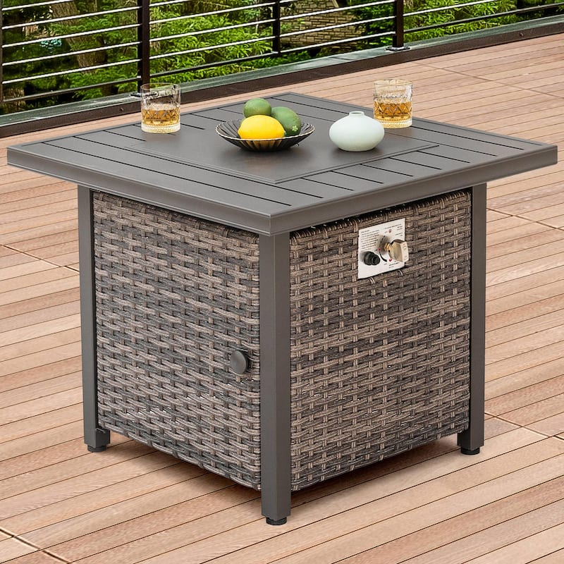 Outdoor 30’’ Square Rattan Fire Pit Table with Metal Lid, Brown
