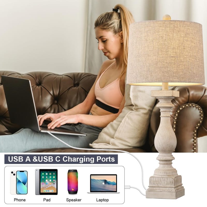 27" Farmhouse Table Lamp Set of 2 with USB A and C