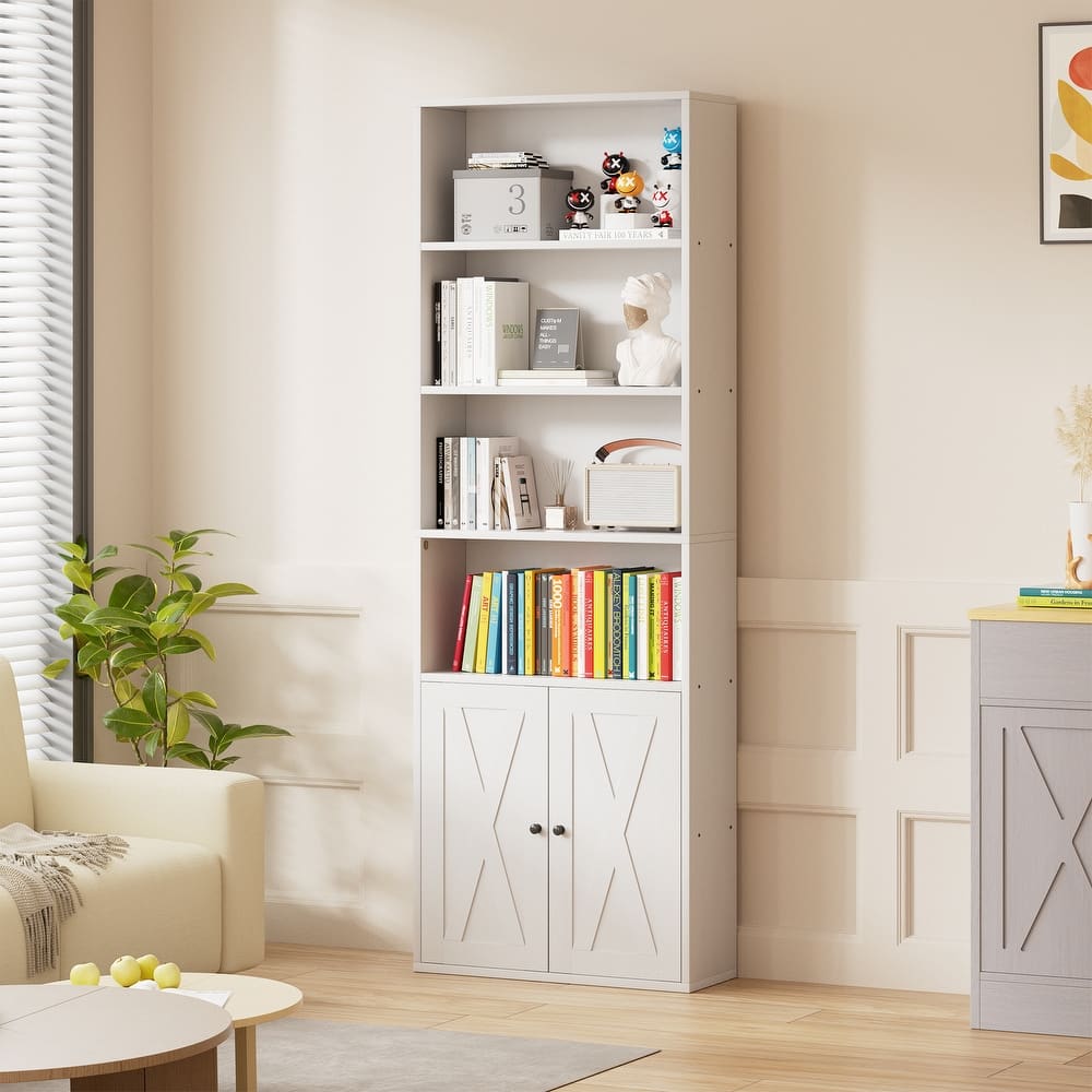 Farmhouse 6-Tier Open Bookcase and Bookshelf with Doors