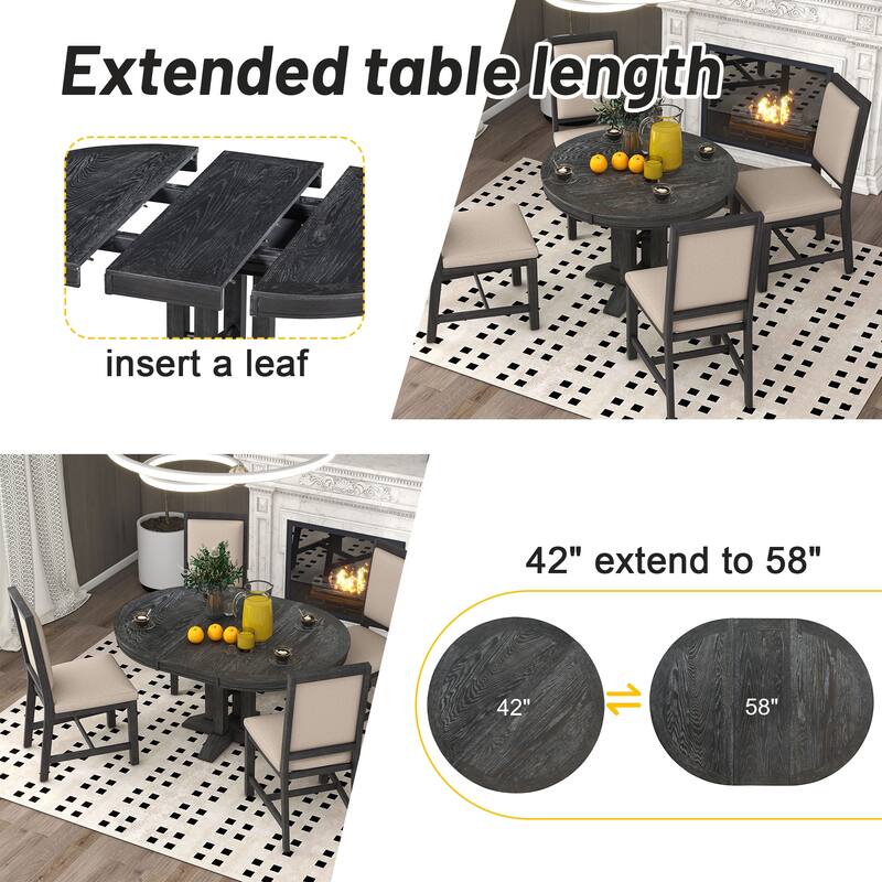 Farmhouse Dining Table Extendable Round Table for Kitchen, Dining Room