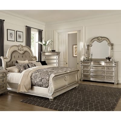 Silver Finish Formal Bedroom Set 4pc Bed Dresser Mirror Chest