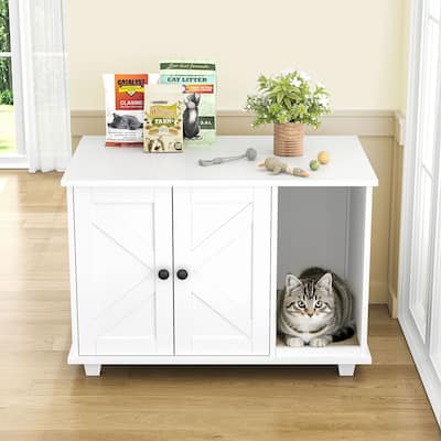 Cat Litter Box Enclosure - Wooden Furniture with Scratching Pad, Pet End Table, White