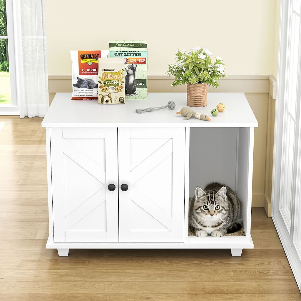 Cat Litter Box Enclosure - Wooden Furniture with Scratching Pad, Pet End Table, White