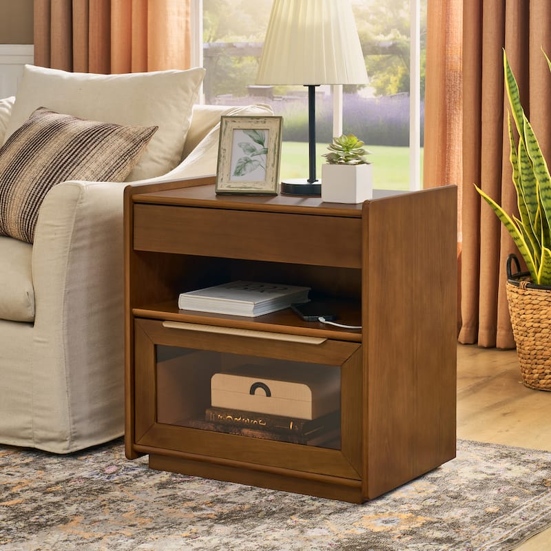 Mid-Century Modern Nightstand with USB Charging Station‌ - End Table Featuring 2 Drawers, Open Shelf & Glass-Front Cabinet