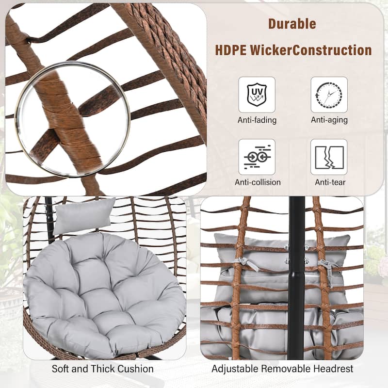 Hanging Hammock Chair with Stand, Foldable Rattan Egg Swing Chair with Iron Frame and Plush Cushion & Removable Headrest