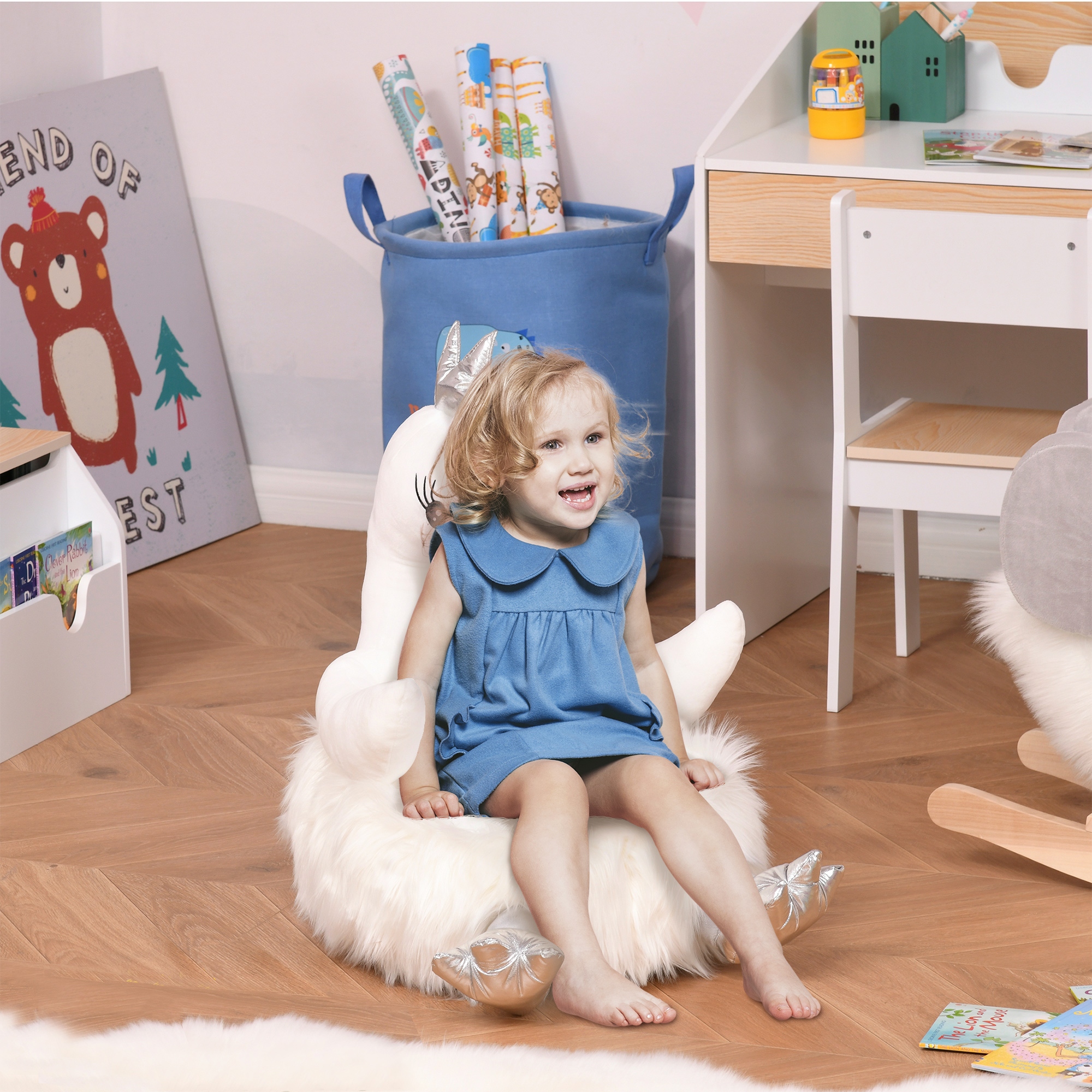 Qaba Animal Kids Sofa Chair Cartoon Cute Swan Stuffed with Armrest Flannel PP Cotton 22