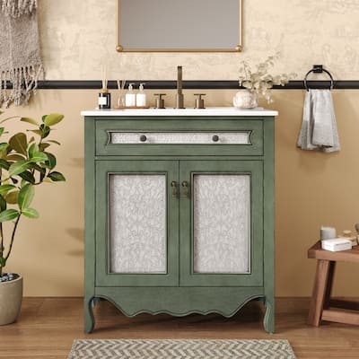 Elegant Vintage Bathroom Vanity Cabinet with Tip-Out Tray, White Floral Carved Decorations and Antique Bronze Metal Pulls