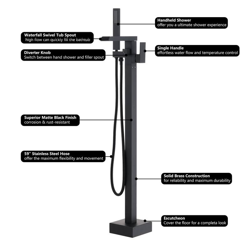 Vanityfair Floor Mount Freestanding Waterfall Bathtub Faucet Tub Filler with Hand Shower
