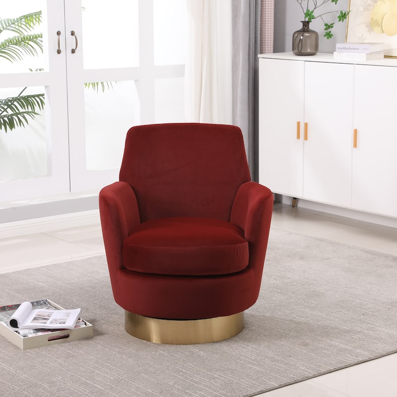 Red Velvet Modern 29.3" Upholstered Swivel Barrel Chair with Gold Stainless Steel Base - Red Velvet