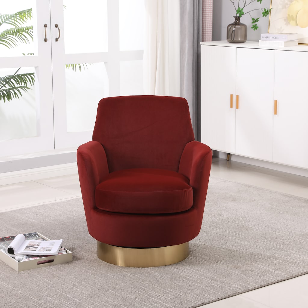 Red Velvet Modern 29.3" Upholstered Swivel Barrel Chair with Gold Stainless Steel Base