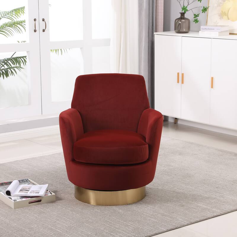 Velvet Swivel Barrel Chair for Living Room, 360° Swivel Accent Chair with Arms, Modern Round Barrel Armchair for Reading Corner - Red