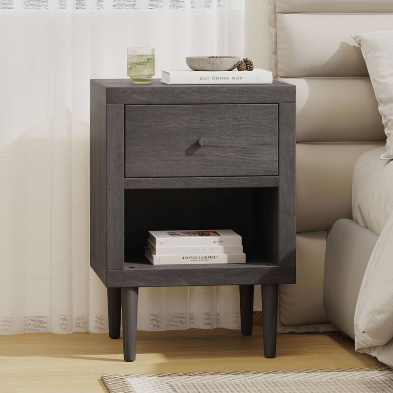 Nightstand Bedroom Cabinet, Hallway Floor Organizer with Rubberwood Legs, Mid-century Cabinet with Top Drawer and Bottom Shelf - Grey