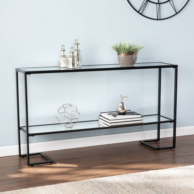 Clear Glass Mirrored Sled Console Table with Black Metal Base - 52” L x 12” W x 29” H
