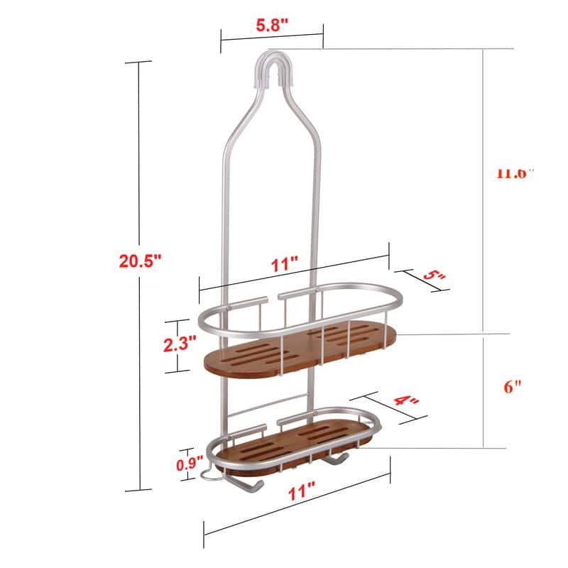 Utopia Alley Tia Rustproof Teak Overhead Shower Caddy with 2 Shelves, Hanging Shower Head Organizer, Chrome & Matte Black Finish