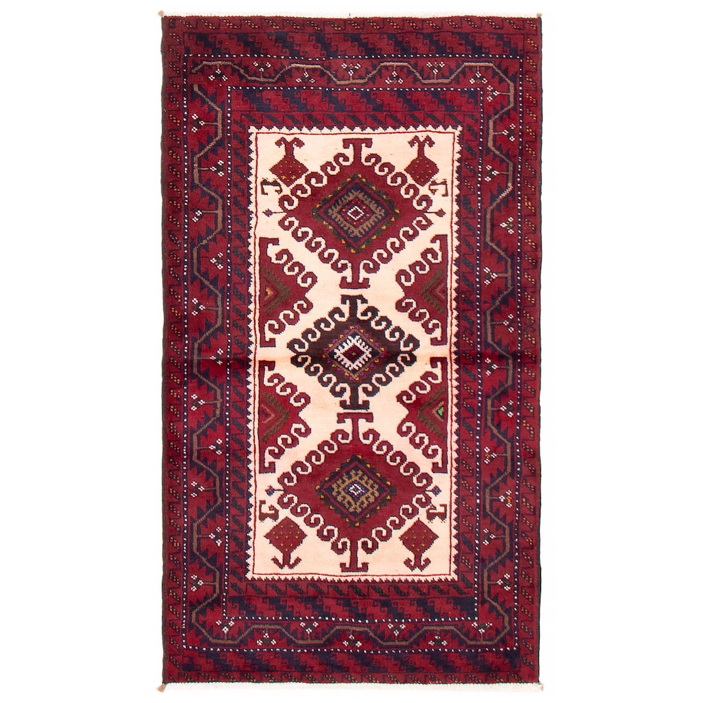ECARPETGALLERY Hand-knotted Royal Baluch Ivory, Red Wool Rug - 3'2 x 5'10