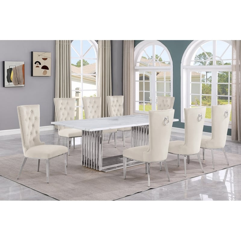 Best Quality Furniture D312/3-SC330-7 Dining Set with 79" White Marble Top - 9-Piece - Cream / Silver