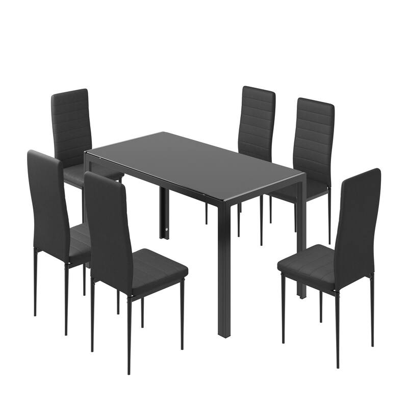 5/7-Piece Glass Top Dining Table Set, Kitchen Table and 4/6 Luxury Faux Leather Chairs, Home Furniture Rectangular Modern, Black