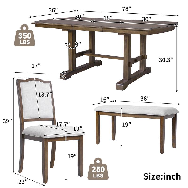 Roomfitters 6-Piece Extendable Dining Table Set, 60-78 Inch Wooden Kitchen Table with Leaf, 4 Upholstered Chairs & Bench