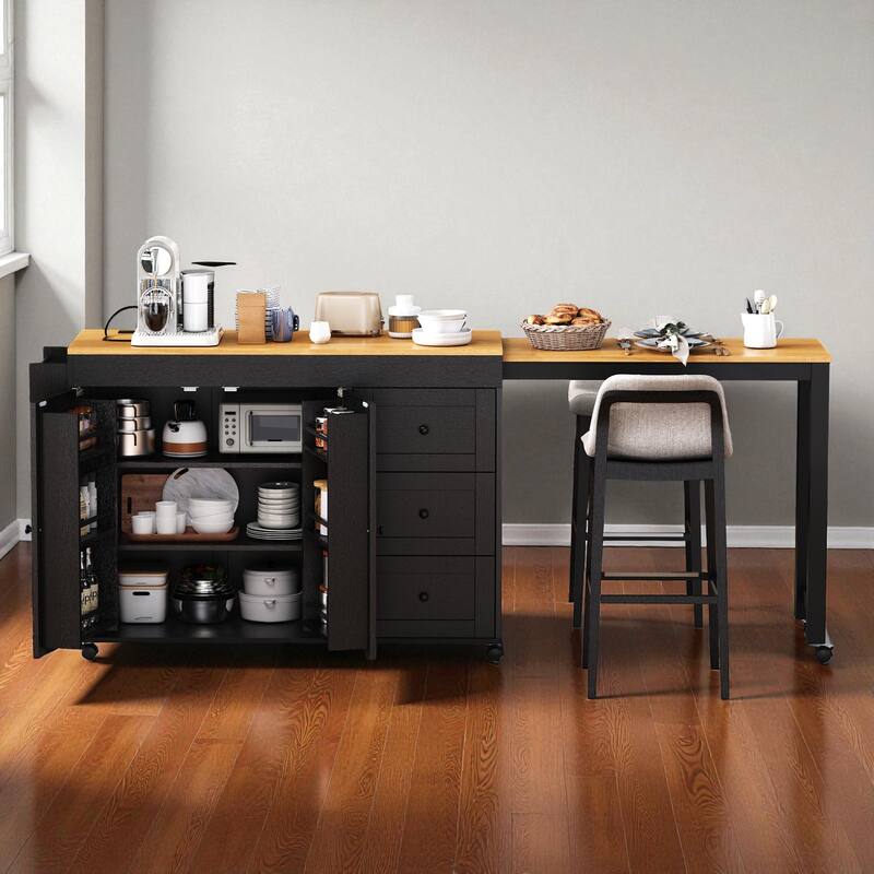 Kitchen Island with Extendable Dining Table, Power Outlet, Rolling Storage Cart with 3 Drawers, 2-Door Cabinet, and Spice Rack