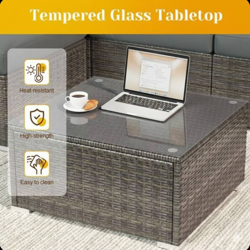 5-Piece Wicker Conversation Set with Gray and Glass Table