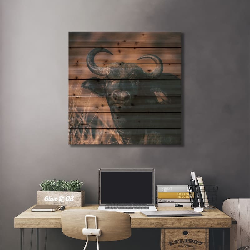 Cape Buffalo Portrait In Warm Tones Print On Wood by Jane Rix - Multi-Color