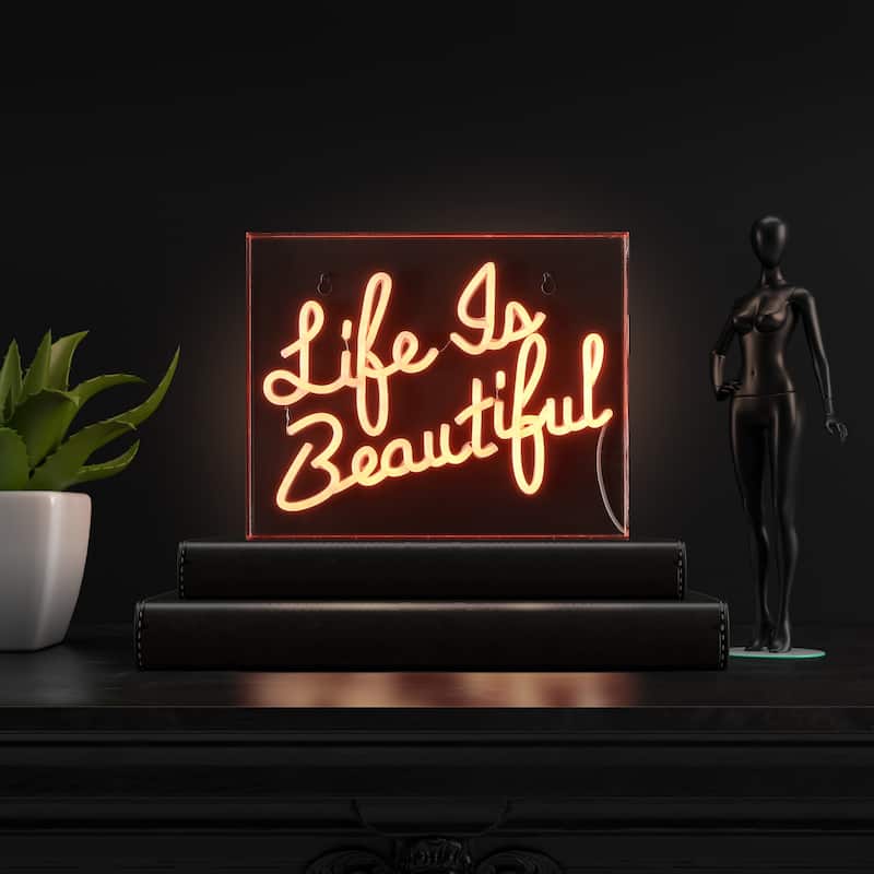 Life is Beautiful 13.7" X 10.9" Contemporary Glam Acrylic Box USB Operated LED Neon Light, Orange by JONATHAN Y - 13.7" X 10.9"