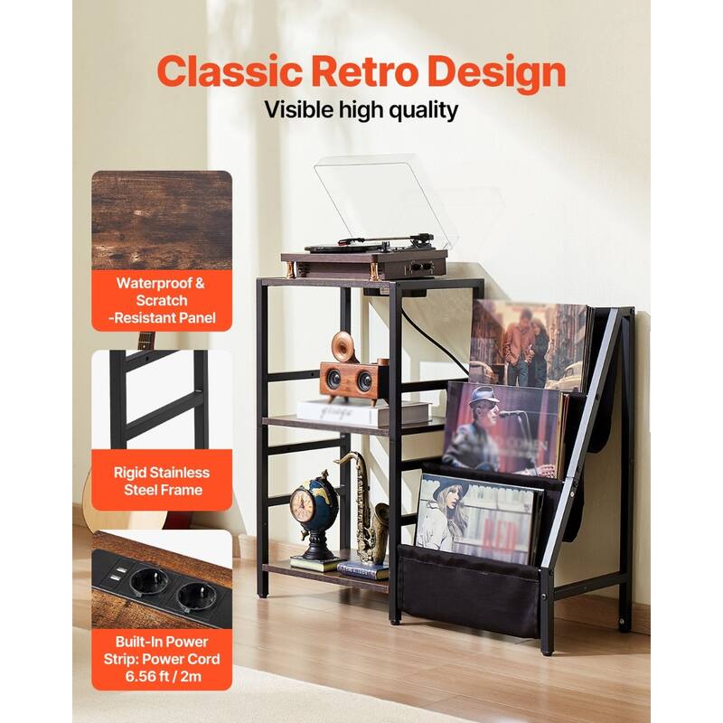 Black 3-Tier Record Player Shelf with Built-in Power Strip Music-Sync Lights and 200 Vinyl Storage Slots
