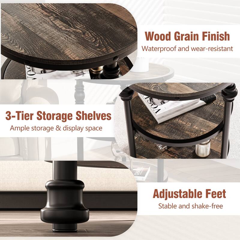 End Table 3-Tier Round Side Table with Storage Shelf