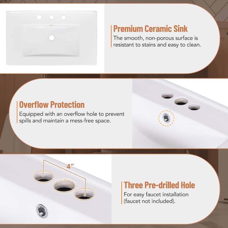 30 Inch MDF Freestanding Bathroom Vanity Set with Integrated Ceramic Sink - 30" x 18"