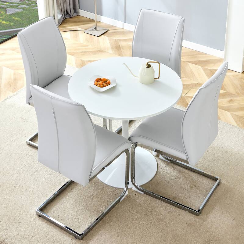 Modern Dining Table Set with Circular White Top, Ergonomic Arched Chairs, Hourglass Metal Legs, Anti-Slip Feet
