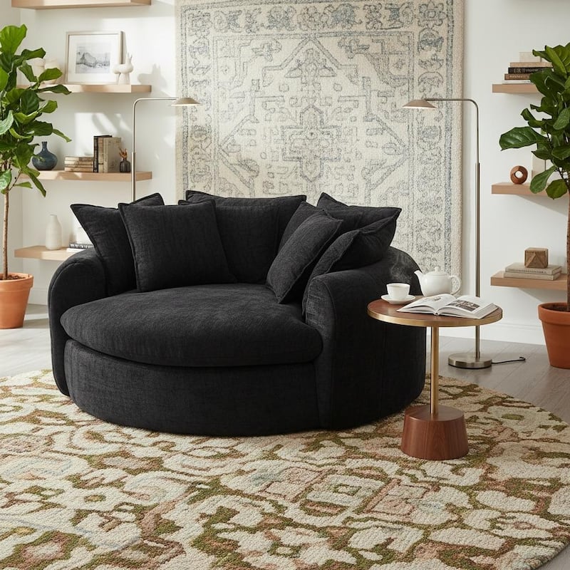 Round Chaise Lounge with Multiple Pillows by Harper&Bright Designs - Black