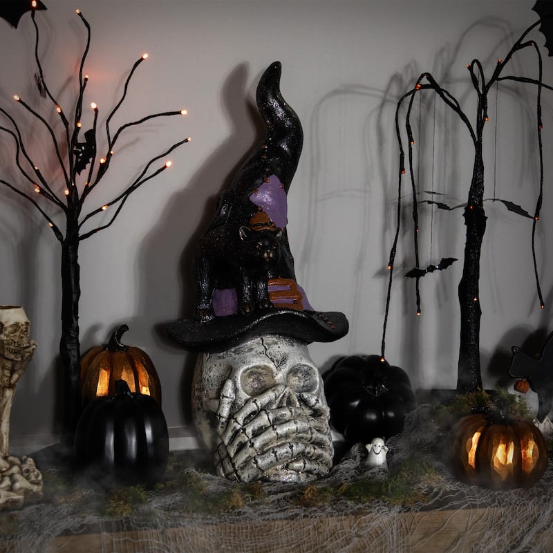 Skull in Witch Hat with Cat Halloween Decoration - 22.75"