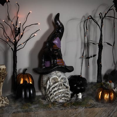 Skull in Witch Hat with Cat Halloween Decoration - 22.75"