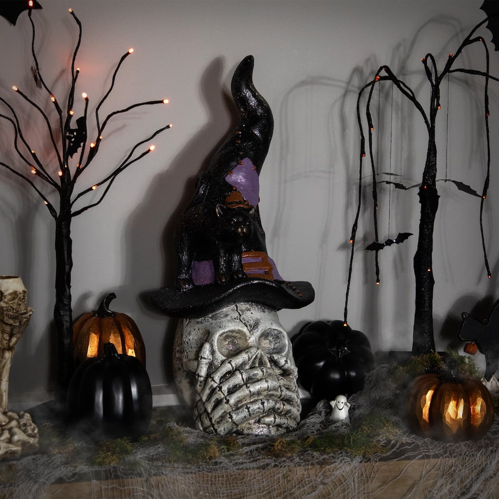Skull in Witch Hat with Cat Halloween Decoration - 22.75"