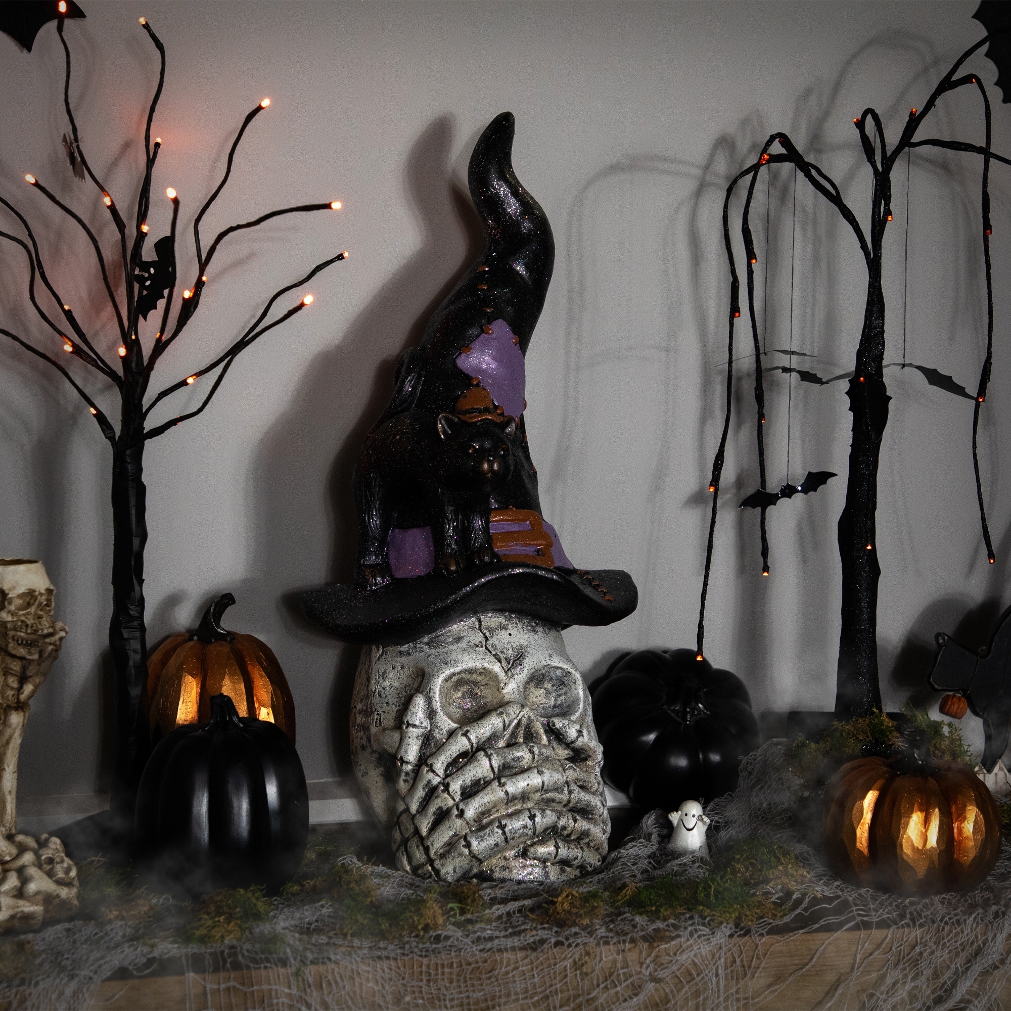 Skull in Witch Hat with Cat Halloween Decoration - 22.75"