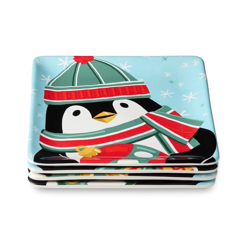 Certifed International Christmas Whimsy Penguin Set of 4 Dessert/Salad Plates 8.5" Assorted Designs - 8.5 L x 8.5 W x 1 H