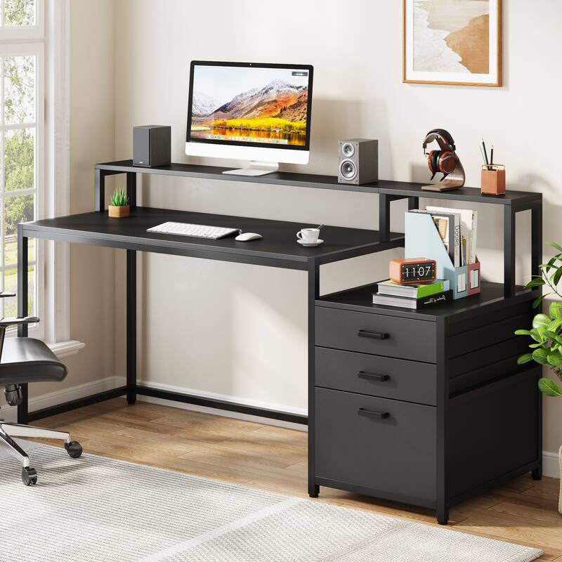 63 Inch Computer Desk with 3 Drawers, Modern Office Table with Monitor Stand and Printer Space for Home Office