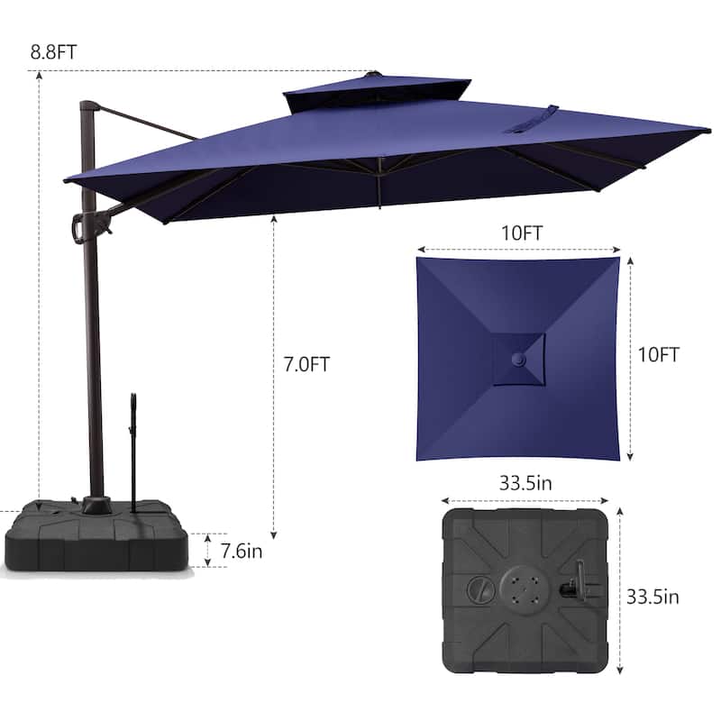 Outdoor 10 x 10ft Square Double Top Patio Cantilever Umbrella with Base